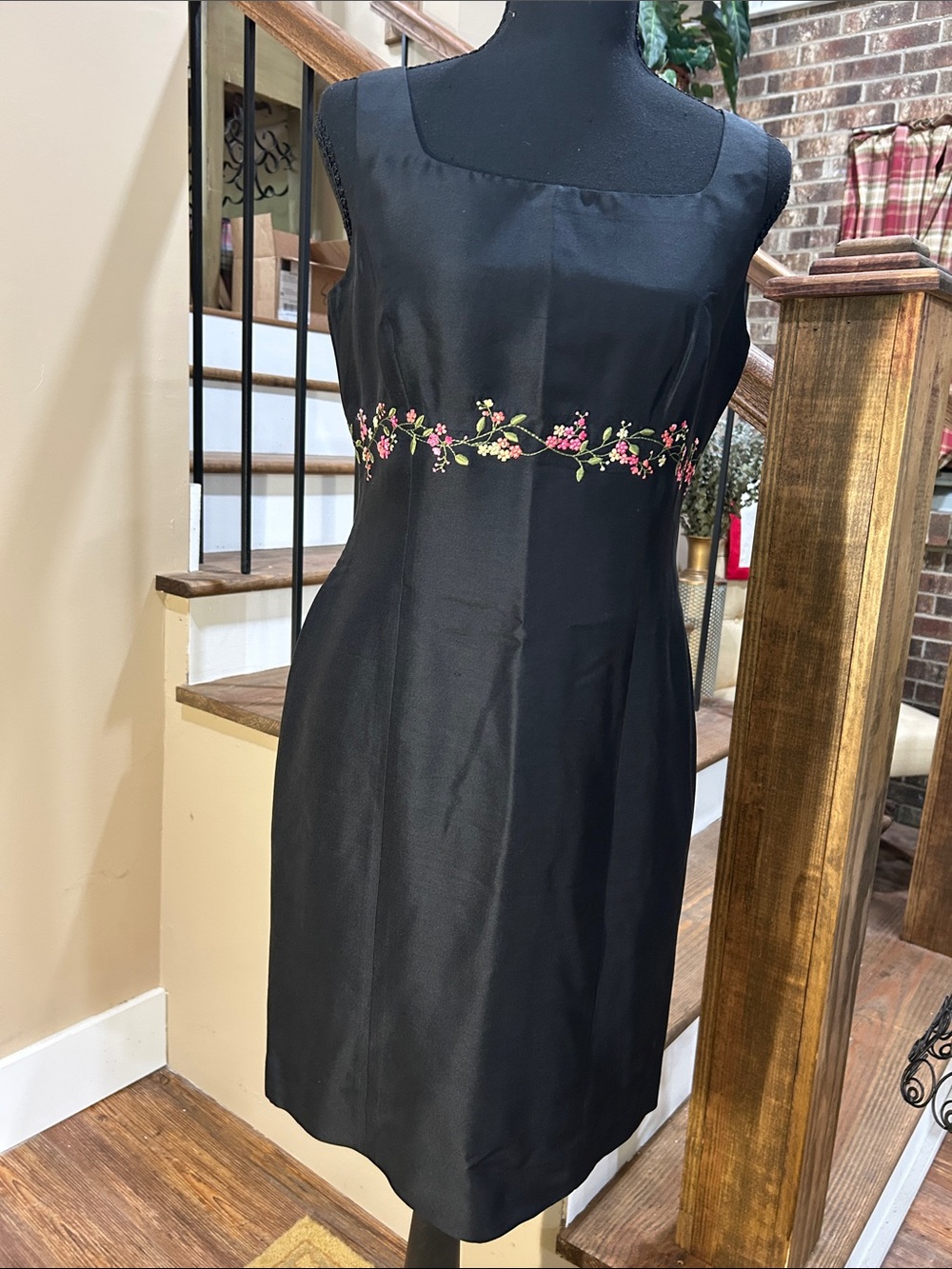 Ann Taylor 4P Black Silk Midi Dress with Pink Floral Embroidery